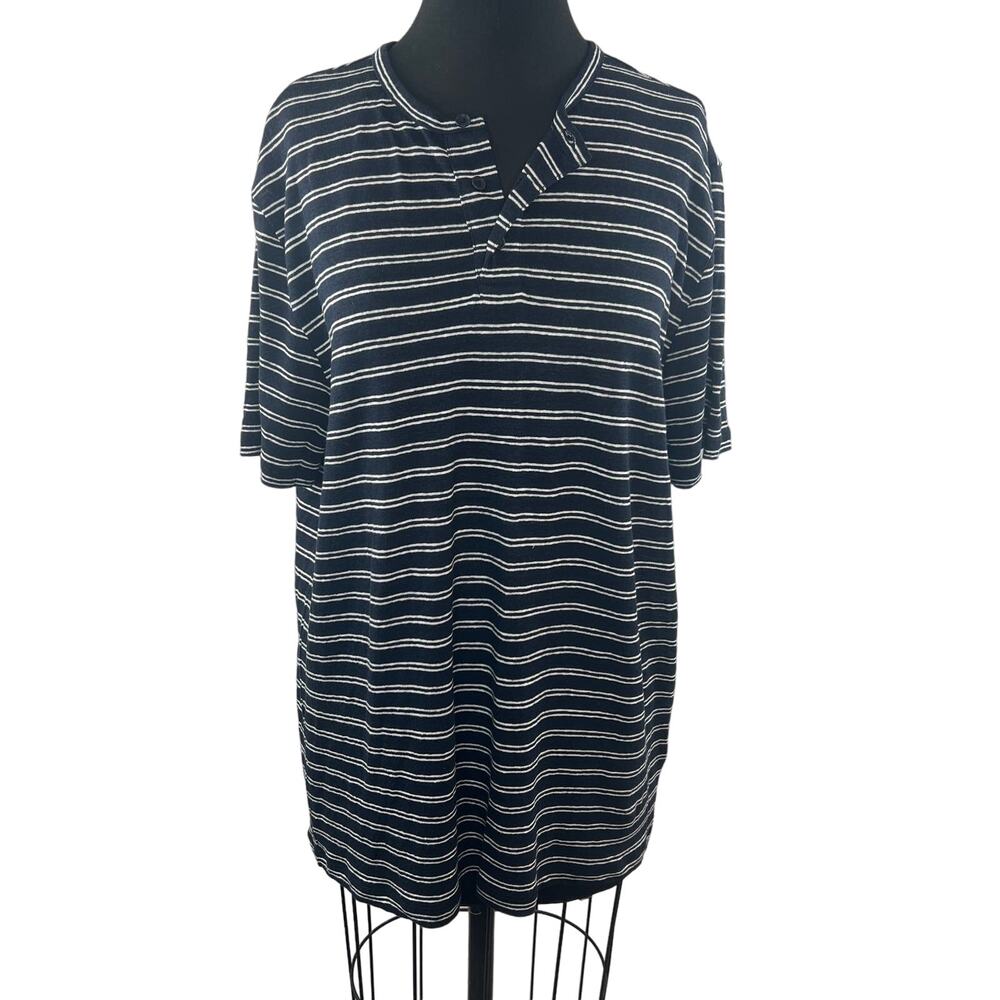 VINCE Navy White Top Linen Striped Henley Neck Short Sleeve Classic Size Large L